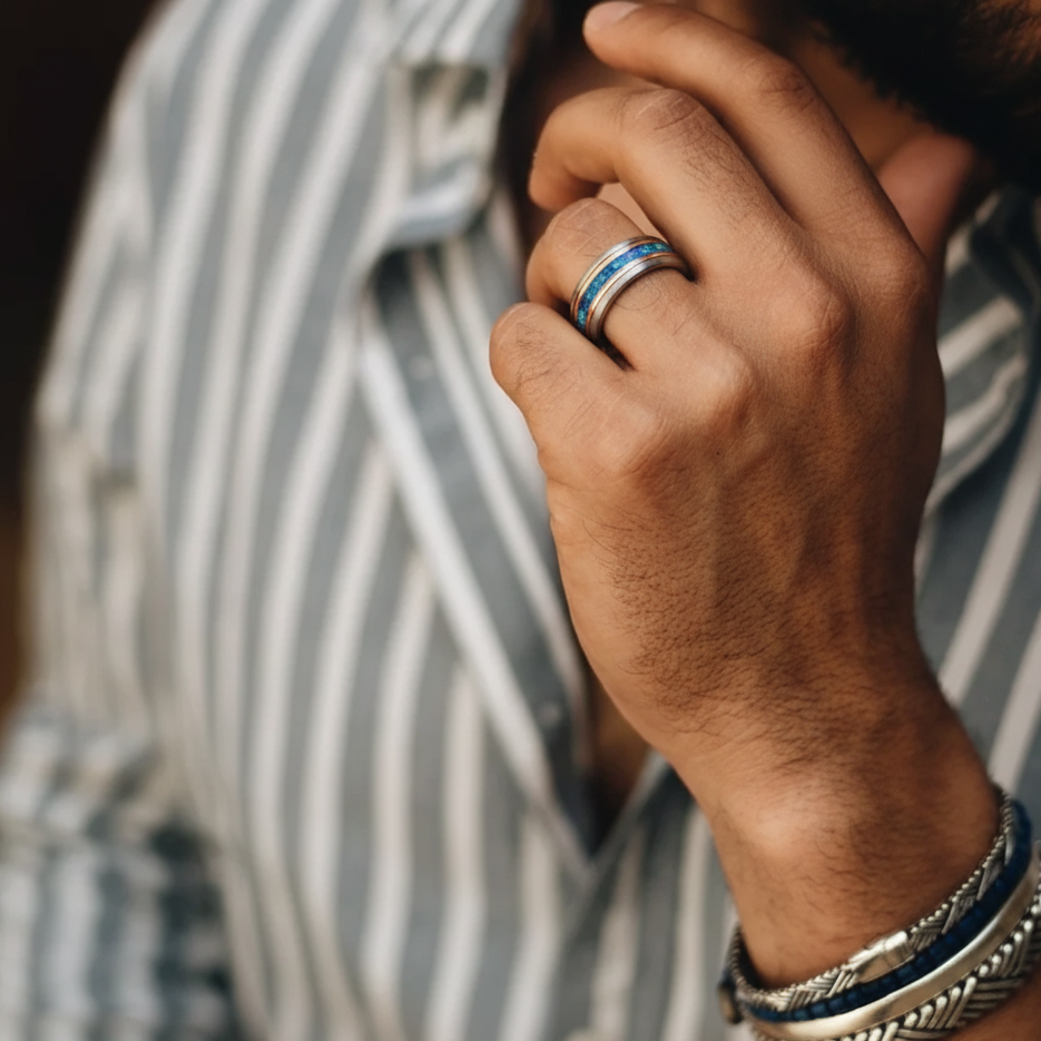Blue Nebula Inlay Ring for Men's