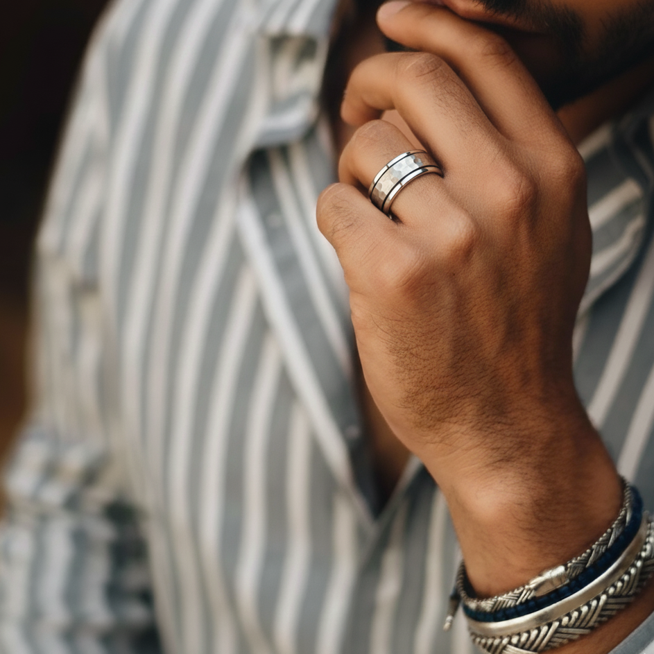 Hammered Tungsten Titanium Silver Spinner Ring for Men's