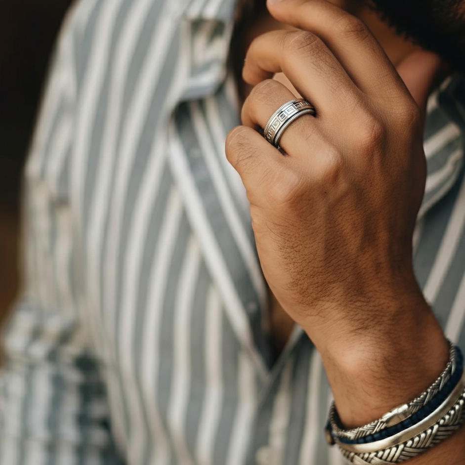 Silver-Tone Greek Meander Fidget Ring for Men's
