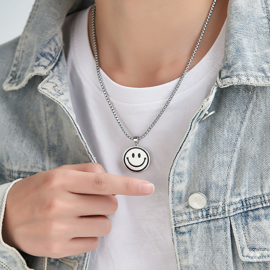Chrome Smiley Charm Pendant for Men's