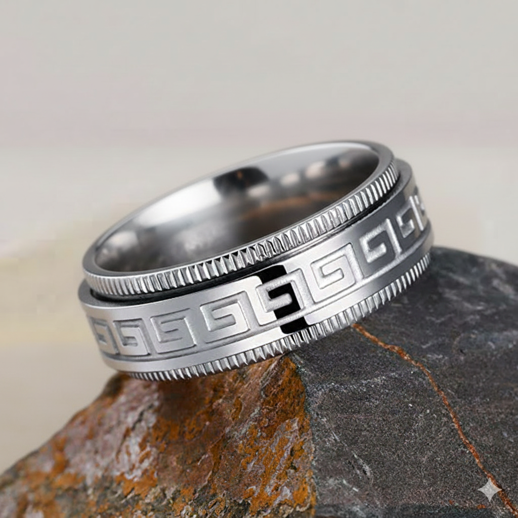 Silver-Tone Greek Meander Fidget Ring for Men's