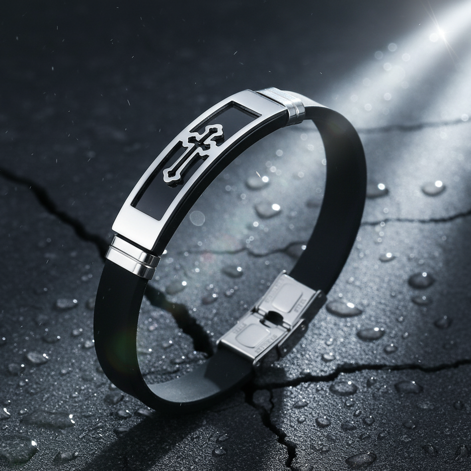 Silicone Rubber and Stainless Steel Charm Bracelet Silver for men's