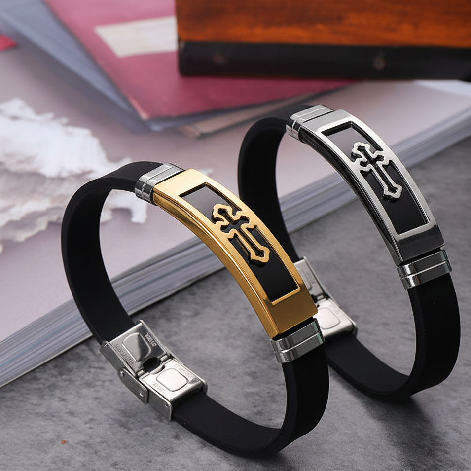 Silicone Rubber and Stainless Steel Charm Bracelet Silver for men's