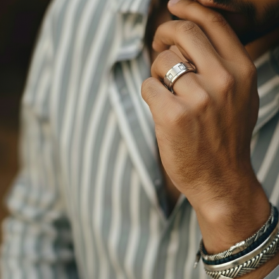 Titan Edge Cubic Band Ring Silver for Men's