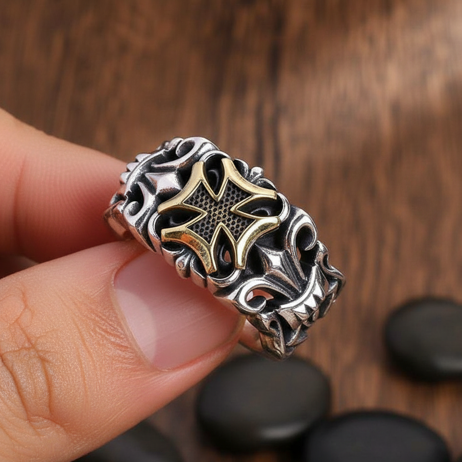 Golden Knight Cross Band Ring for Men's