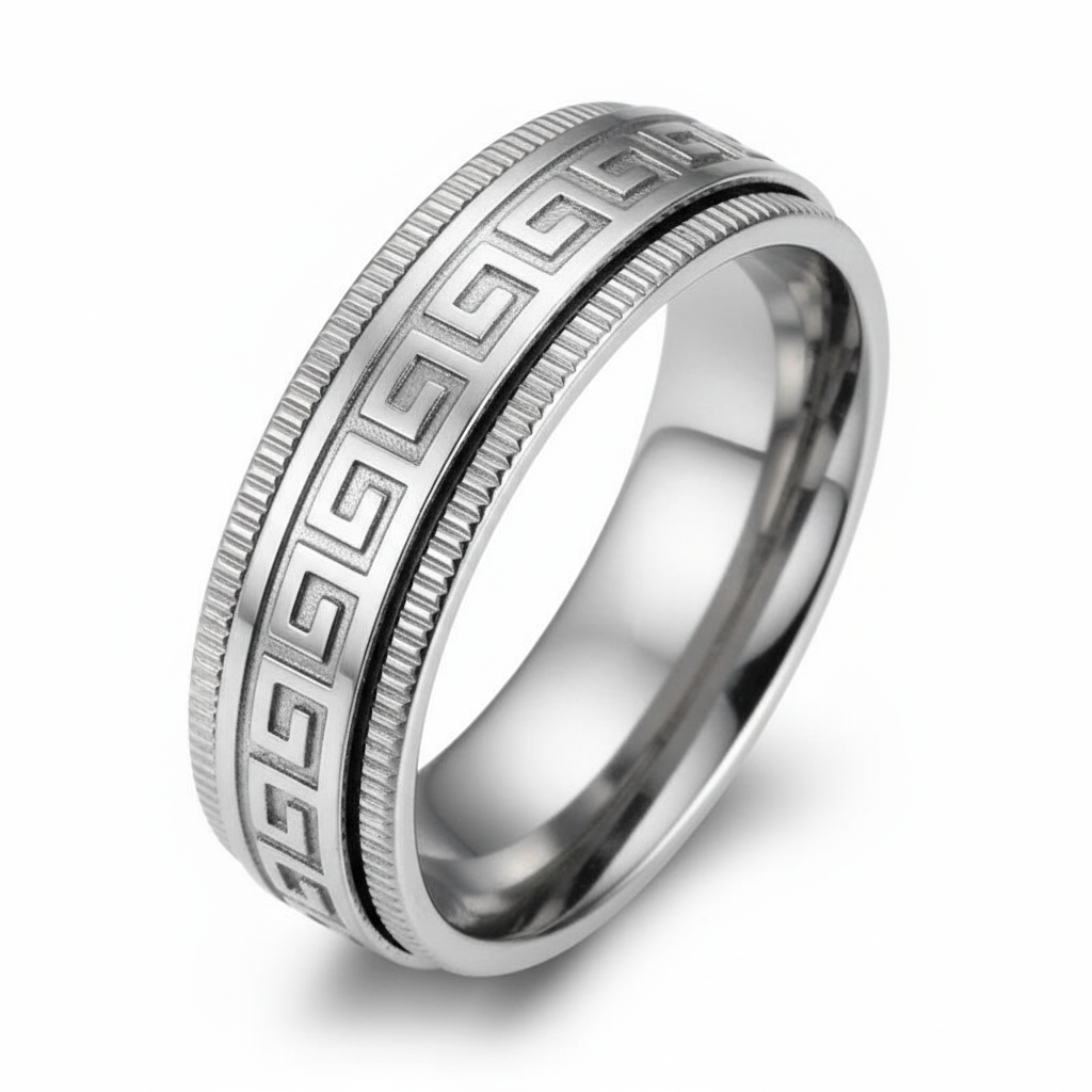Silver-Tone Greek Meander Fidget Ring for Men's