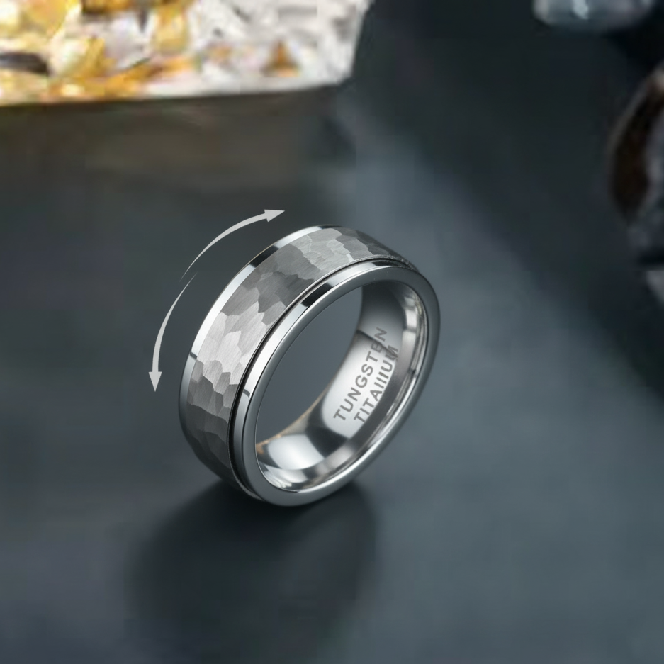 Hammered Tungsten Titanium Silver Spinner Ring for Men's