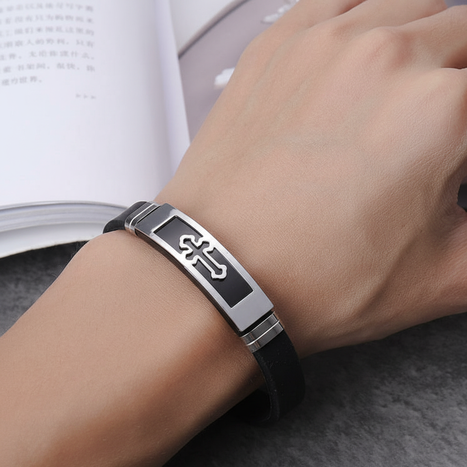 Silicone Rubber and Stainless Steel Charm Bracelet Silver for men's