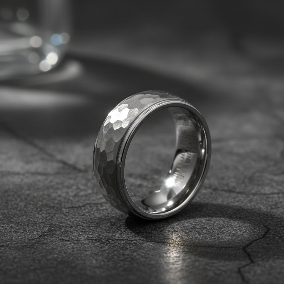 Hammered Tungsten Titanium Silver Spinner Ring for Men's